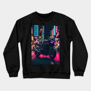 Neon Speedster: Motorcycle Majesty in a Japanese Metropolis Crewneck Sweatshirt